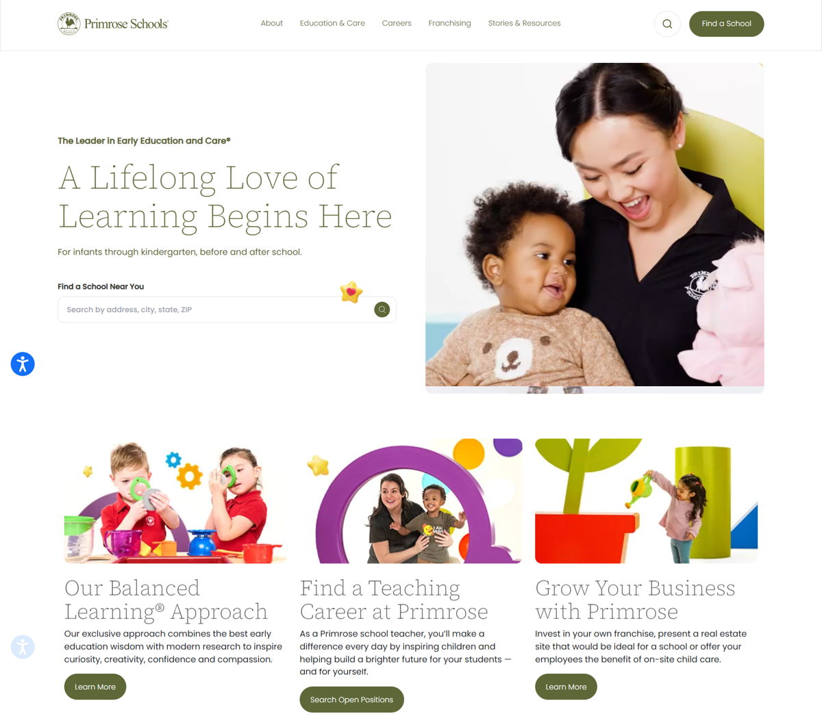Screenshot of Primrose Schools, from the kindergarten websites collection.
