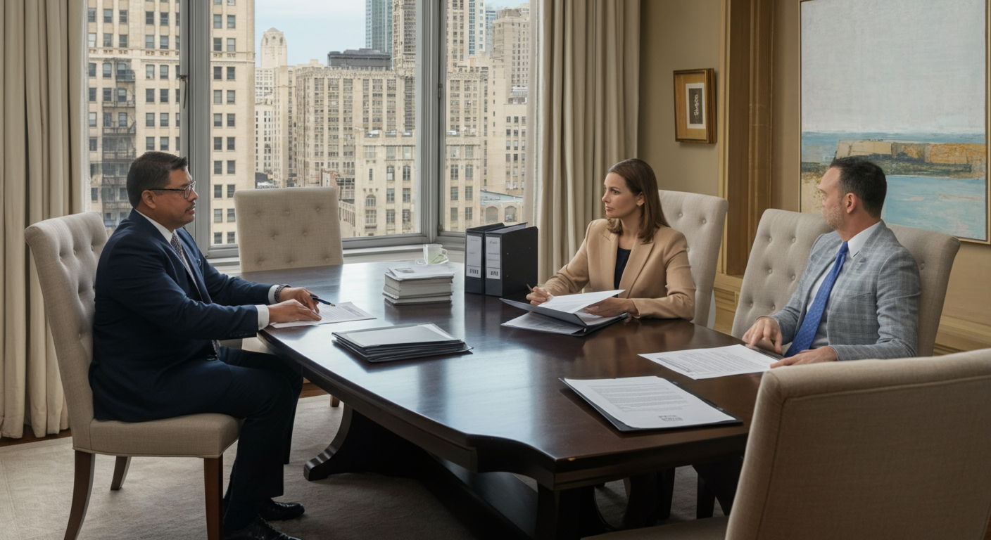 A professional meeting between a seller and their contingency response team in an elegant Gold Coast condominium. A real estate attorney reviews disclosure documents while a specialized luxury condo agent presents market comparables. The dining table displays organized folders labeled for different contingency types. Through the windows, historic buildings along Lake Shore Drive are visible, highlighting the unique market these professionals navigate.