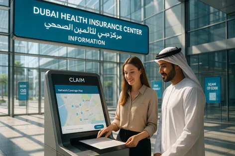 A woman and a man wearing traditional clothing use a health insurance kiosk showing a network coverage map inside the Dubai Health Insurance Center.