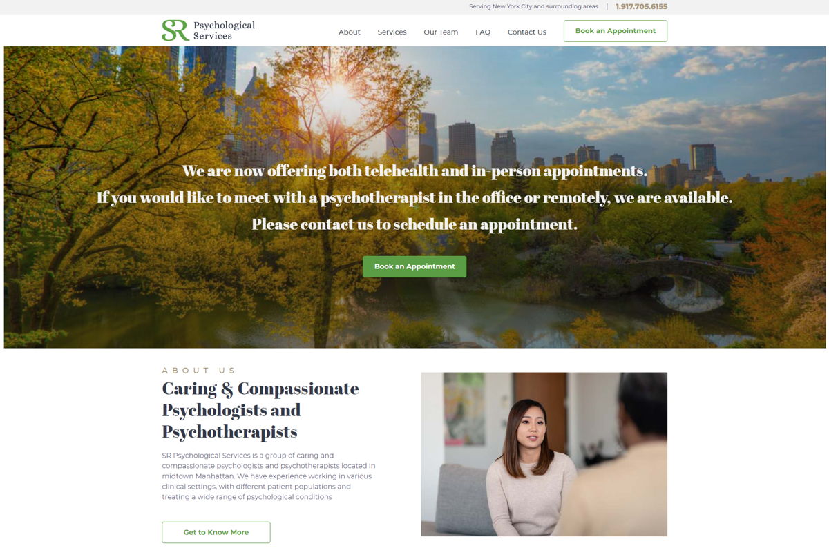 Screenshot of SR Psychological Services, from the therapist websites collection.