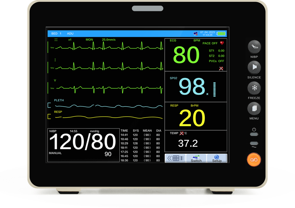 vue nibp d'un moniteur patient à écran tactile de 8 pouces