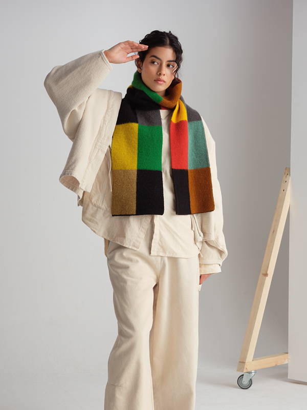 model wears Brushed Multicolour Big Rectangles Scarf