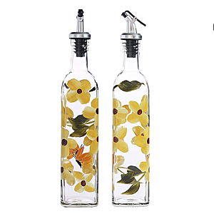 Grant Howard Hand Painted Oil and Vinegar Glass Cruet with Pourer, Yellow Florals, 16 oz
