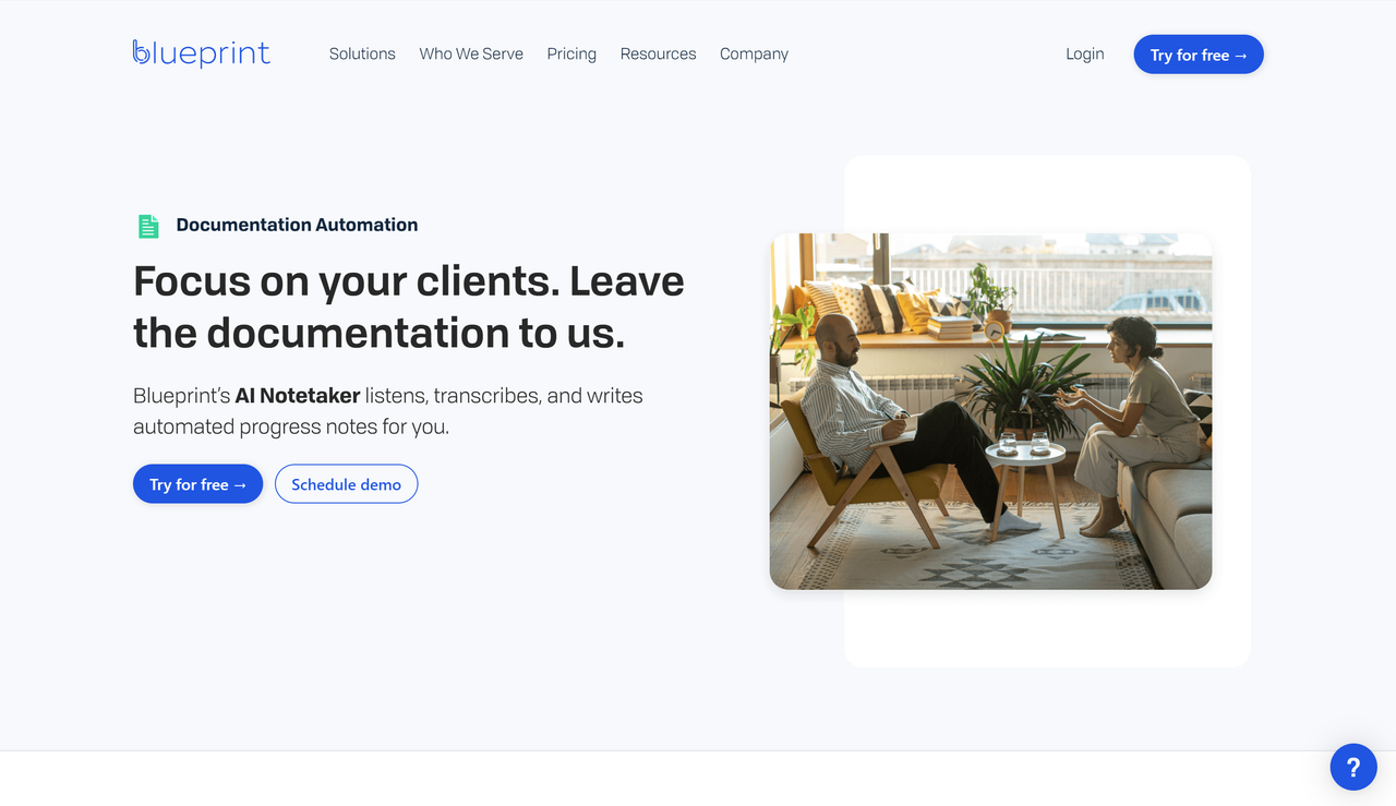 Screenshot of Blueprint's website landing page, an AI scribe