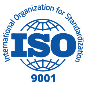 Blue ISO 9001 logo with “International Organization for Standardization” in a circular pattern around a globe, and “ISO” in bold letters across the center, with “9001” below.
