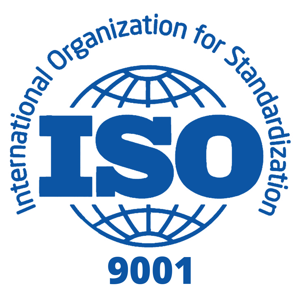 Blue ISO 9001 logo with “International Organization for Standardization” in a circular pattern around a globe, and “ISO” in bold letters across the center, with “9001” below.