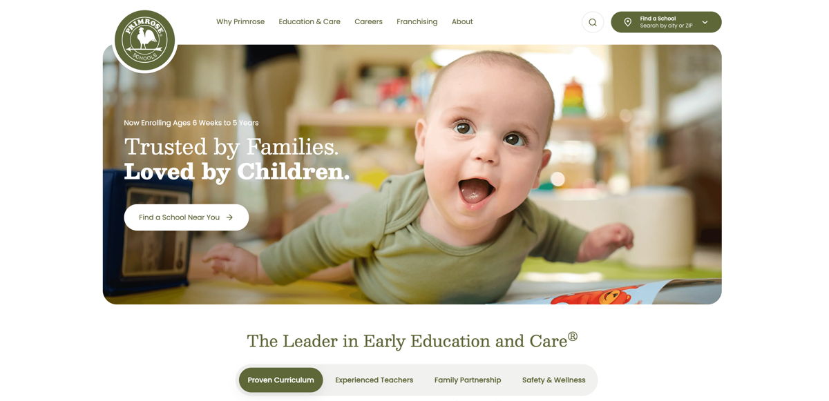 Screenshot of Primerose Schools, from the childcare & daycare websites collection.