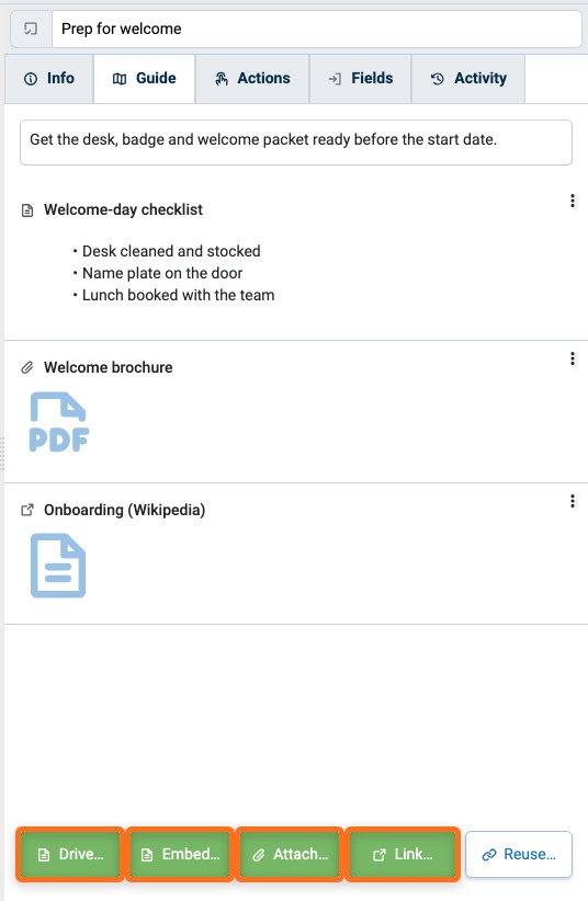 Drive, Embed, Attach, and Link buttons at the bottom of a Step's Guide tab