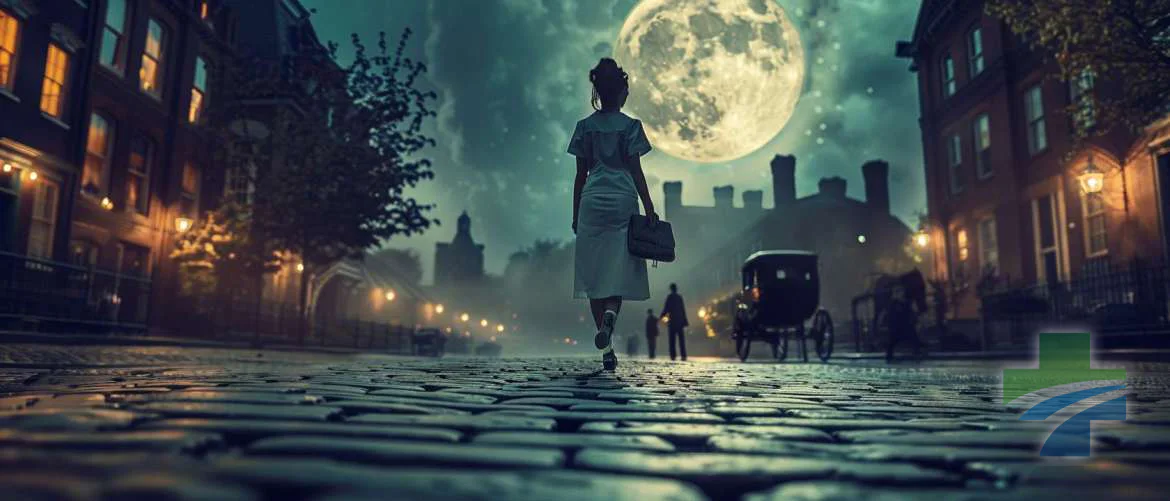 A modern nurse walks confidently on a 19th-century cobblestone street lit by gaslights.