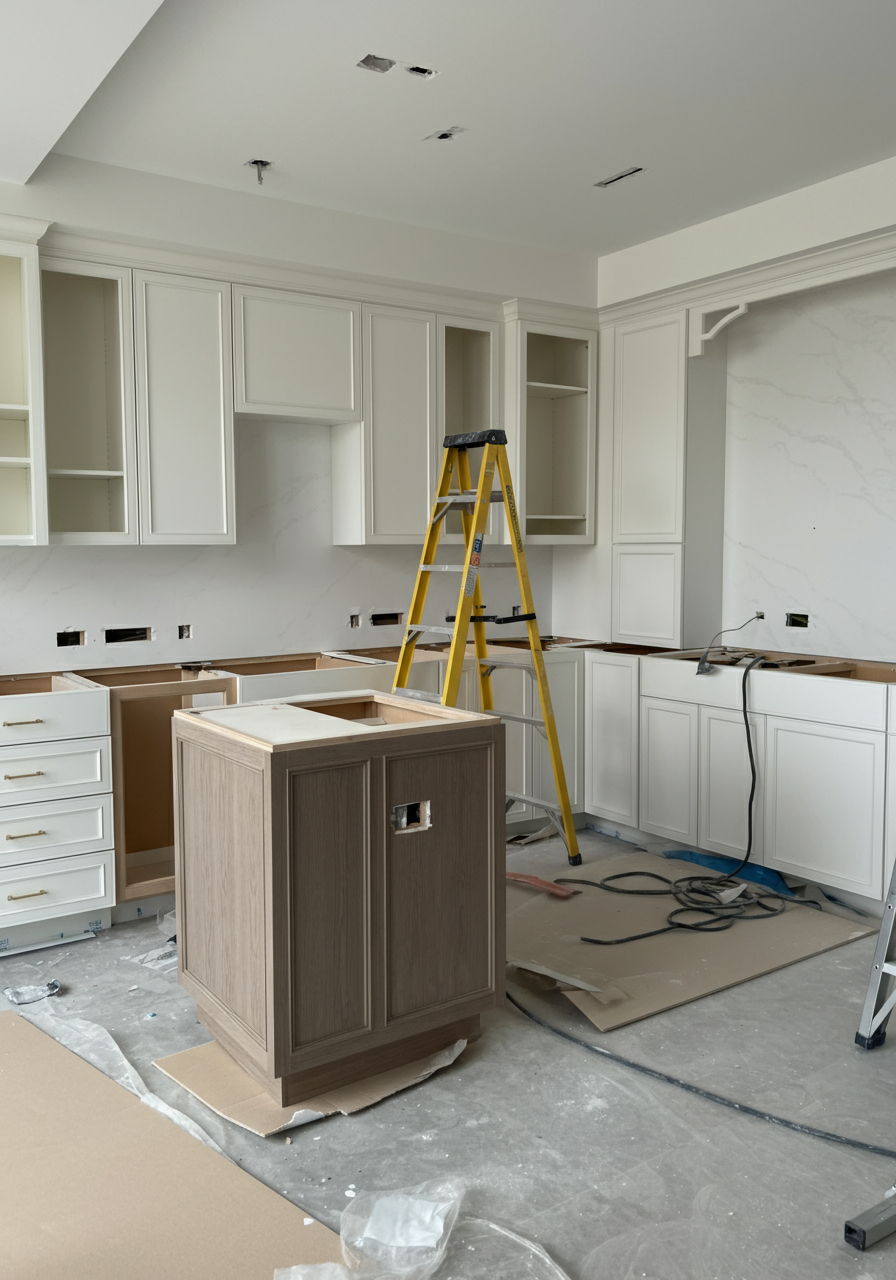 A renovation scene in a luxury condominium where contractors are installing custom cabinetry in a spacious kitchen. The space features partially completed work with design plans visible, illustrating the relative freedom condo owners have to customize their units compared to co-op restrictions.
