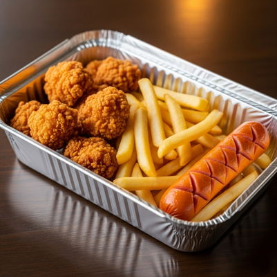 Box Mix Delica gồm gà viên, xúc xích và khoai tây chiên giá 45.000đ