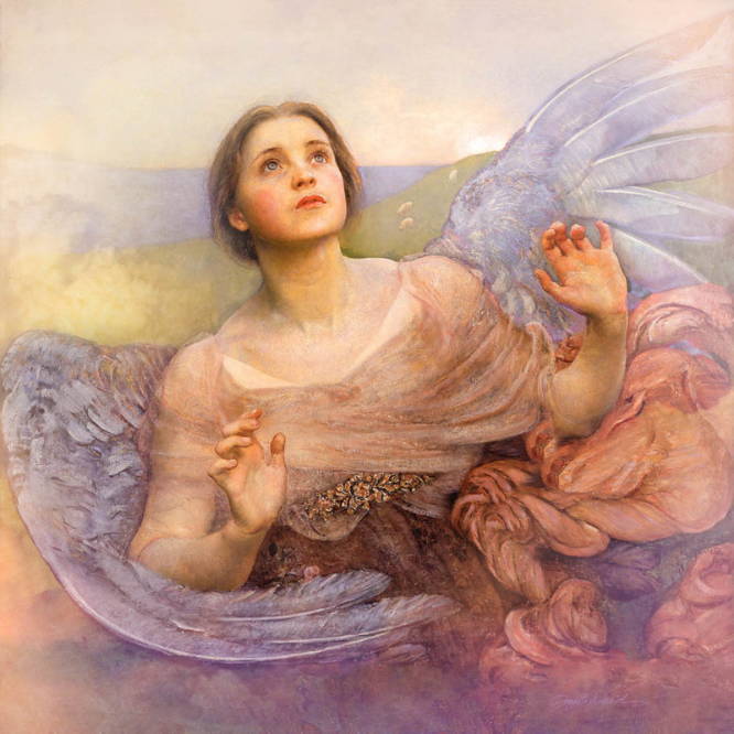 Classic painting of a colorful angel looking up toward the sky with wide eyes.