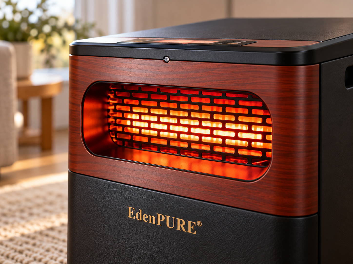 EdenPURE GEN2 infrared space heater providing supplemental warmth in a bright living room