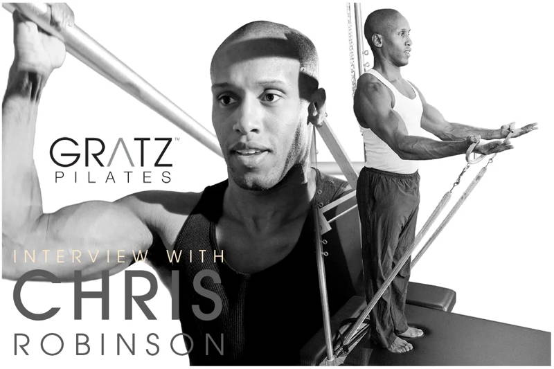 Black and white banner featuring Chris Robinson demonstrating exercises on Gratz Pilates equipment.