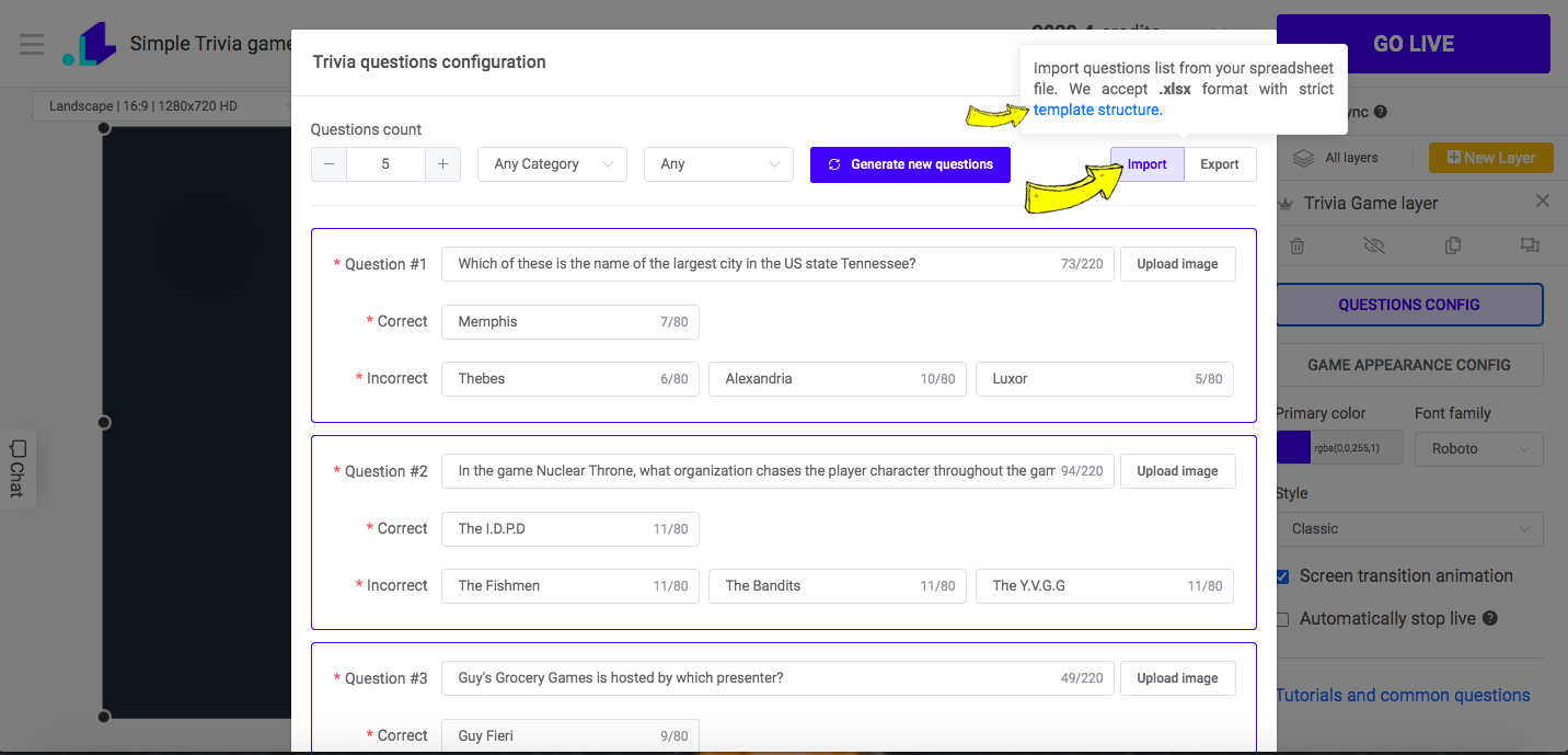 Trivia game questions configuration template download