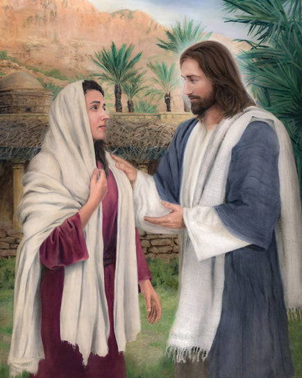 Biblical scene of Jesus comforting a woman.