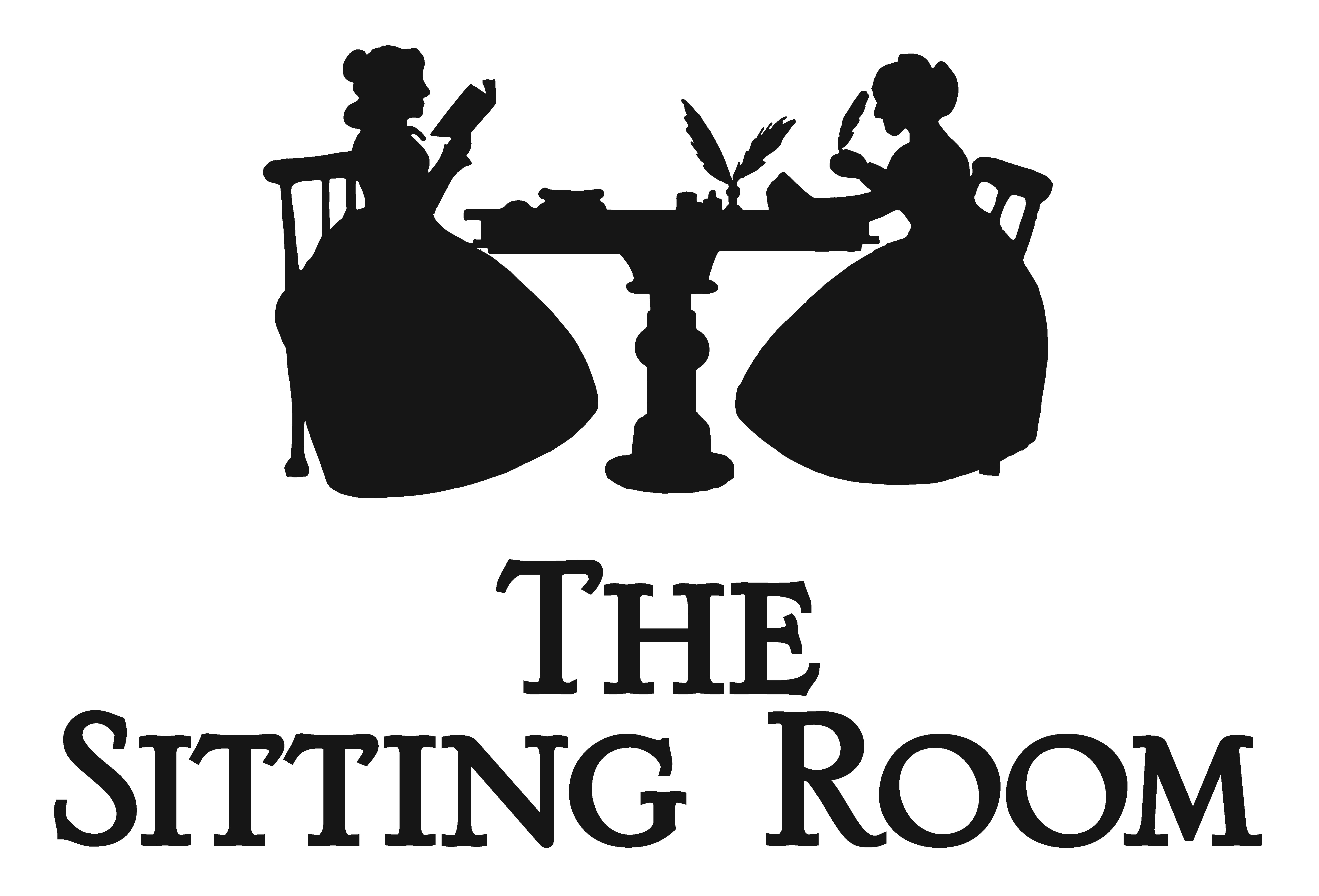 The Sitting Room Logo: The silhouette of two woman sitting at a table in old-timey dresses. One writes with a quill while the other reads. 