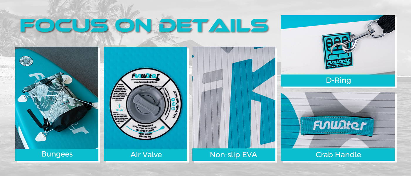 Focus on cheap inflatable paddle board details: bungees, air valve, Non-slip EVA, D-Ring, Crab Handle
