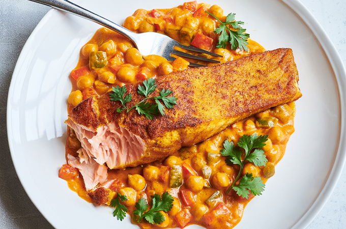 Curried Salmon with Chickpea Tikka Masala