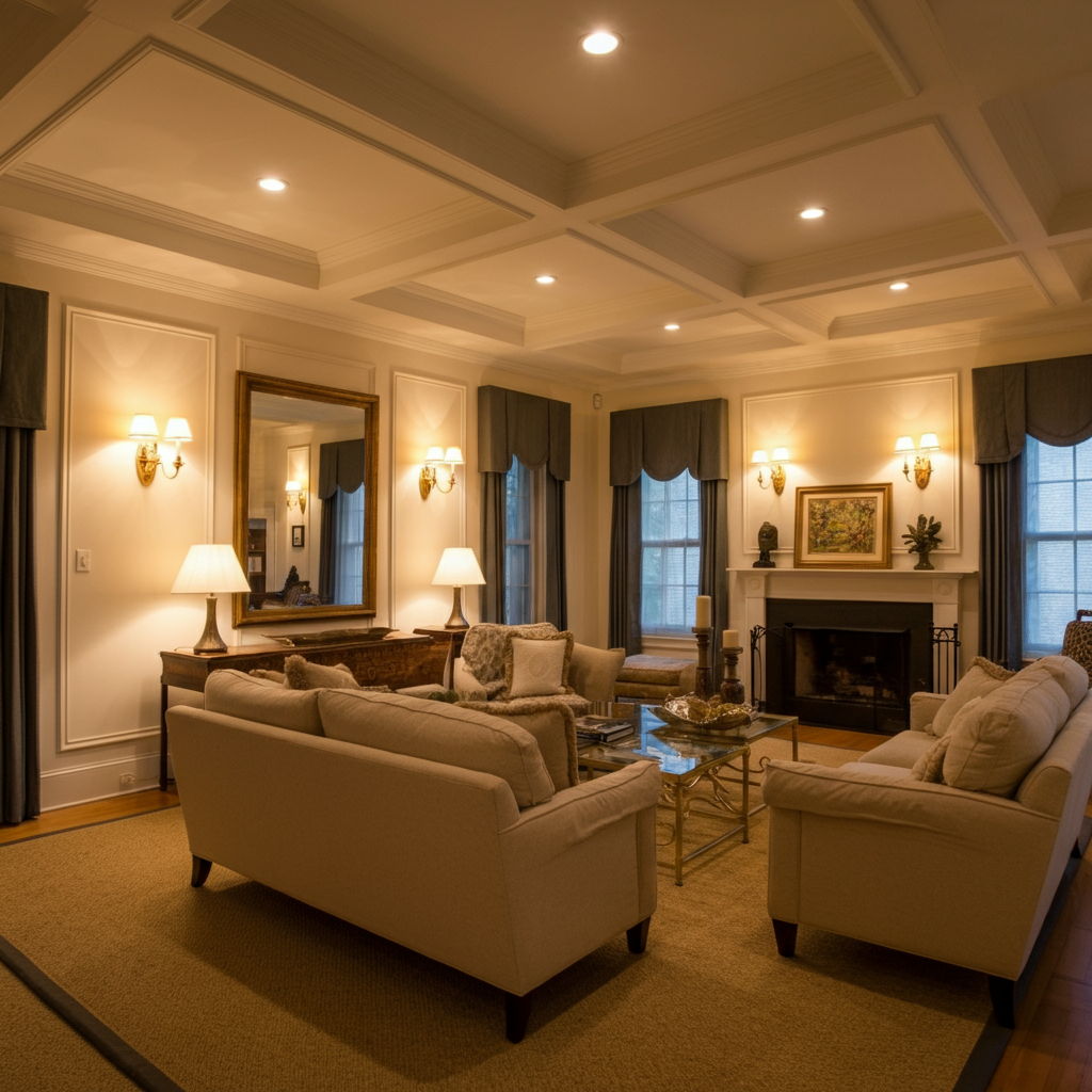 A Gold Coast living room featuring layered lighting with new recessed ceiling fixtures, elegant wall sconces highlighting architectural molding, and strategically placed floor lamps creating a warm ambiance. The lighting scheme accentuates the room's historic details while providing the bright, modern atmosphere buyers expect.