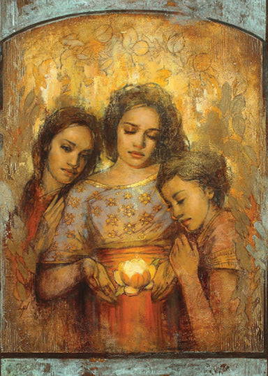 Three young women gathered around a glowing flower. 