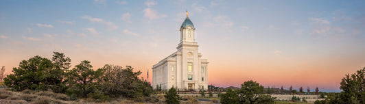 Cedar City Temple standing tall against a sunset.