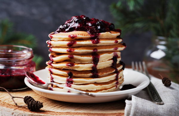 Photo of BRUNCH Buttermilk Pancakes with Berry Compote and Bacon