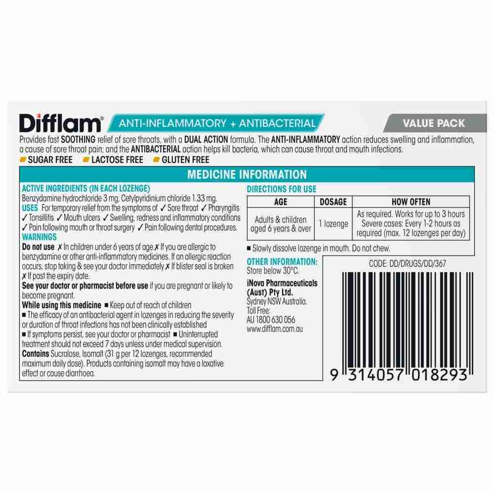 Difflam Sore Throat Lozenge Dual Action Honey & Lemon Flavour Value Pack 32 Lozenges - Image 3