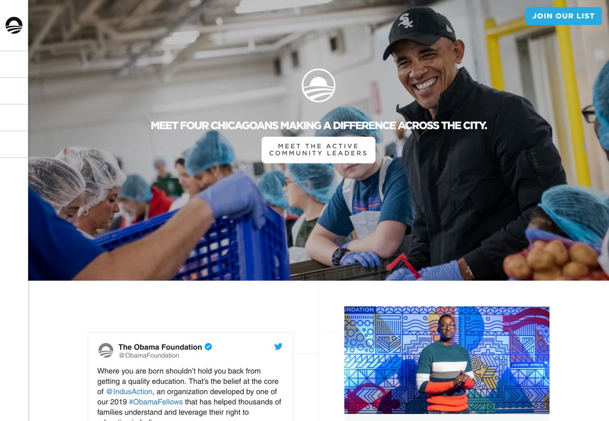 Screenshot of Obama Foundation, from the nonprofit & charity websites collection.