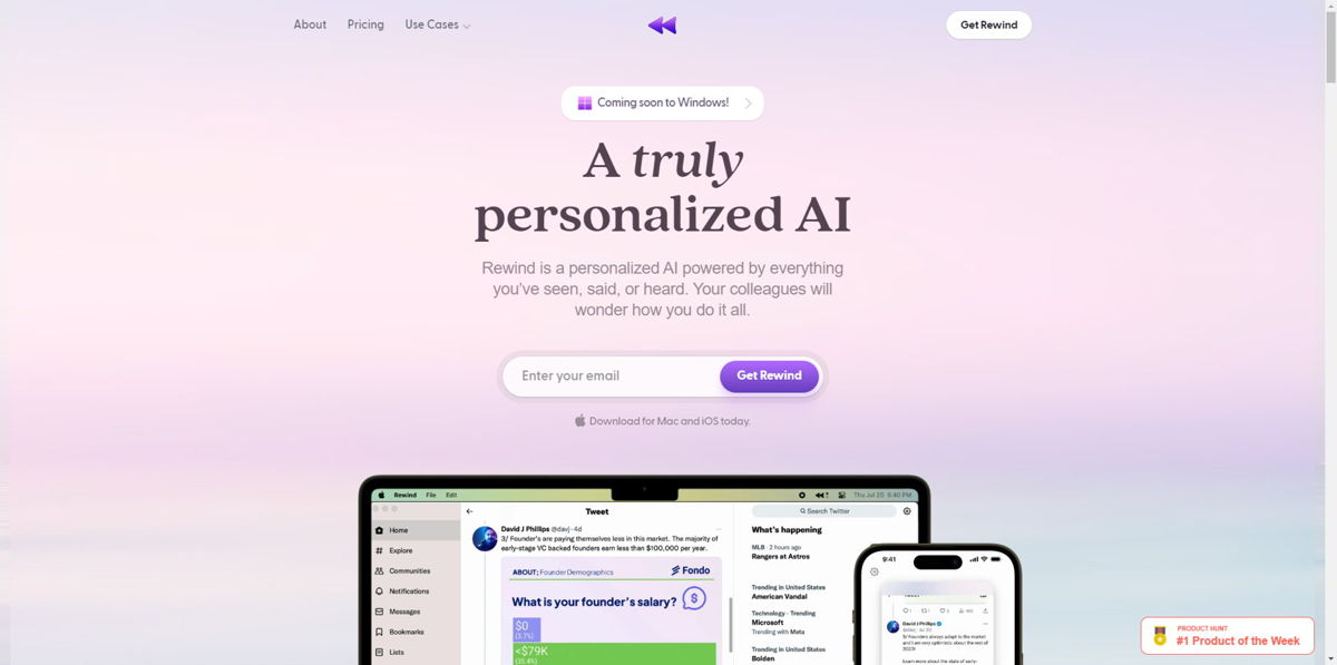 Screenshot of Rewind AI, from the saas websites collection.