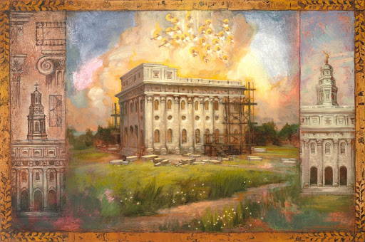 Triptych painting of the Nauvoo Temple, showing the construction and miracles.