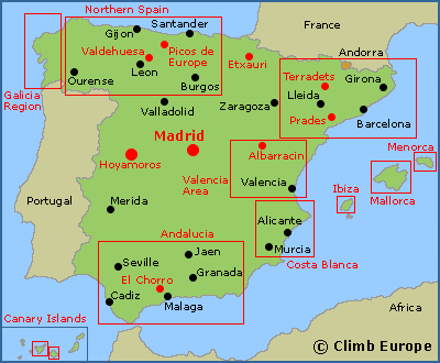 Map of the main rock climbing, sport climbing and bouldering areas in Spain