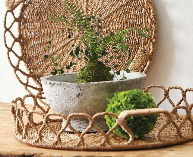 rattan basket with cement pot and artificial greenery