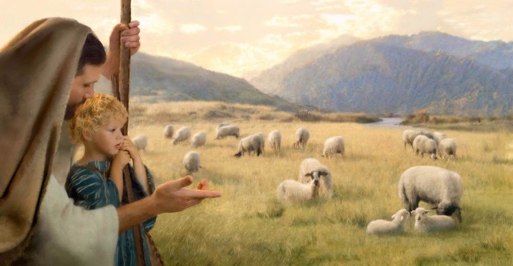 Painting of Jesus showing a field of sheep to a young shepherd boy.