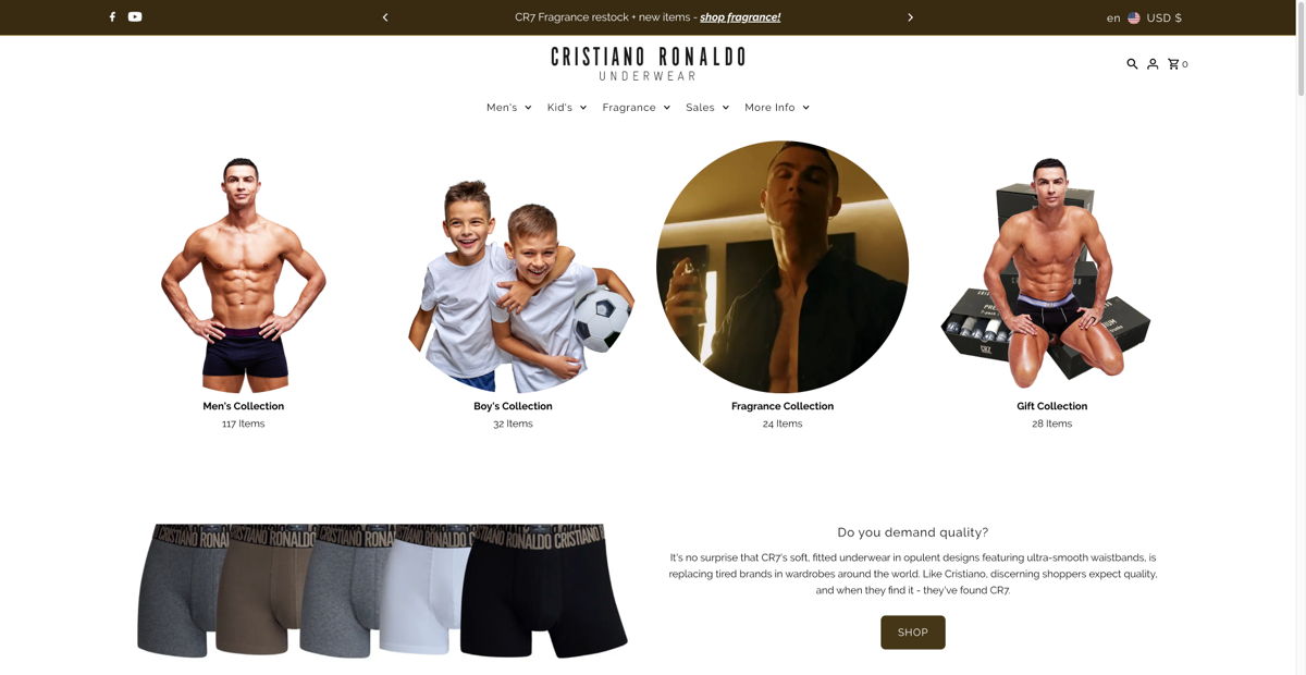 Screenshot of CR7 Underwear, from the celebrity websites collection.