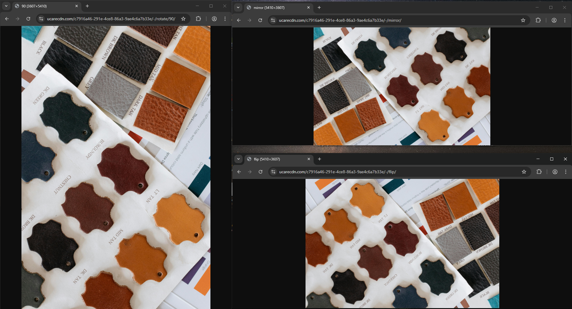 A split-screen view of Uploadcare’s rotate, flip, and mirror image transformations
