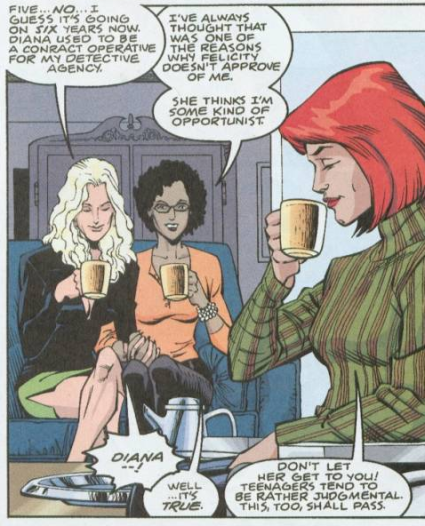 Felicia having a conversation with two other women about Felicia's backstory.