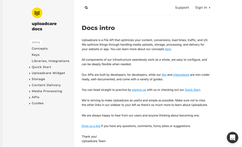 A screenshot of Uploadcare's Docs Intro page A screenshot of Uploadcare's Docs Intro page