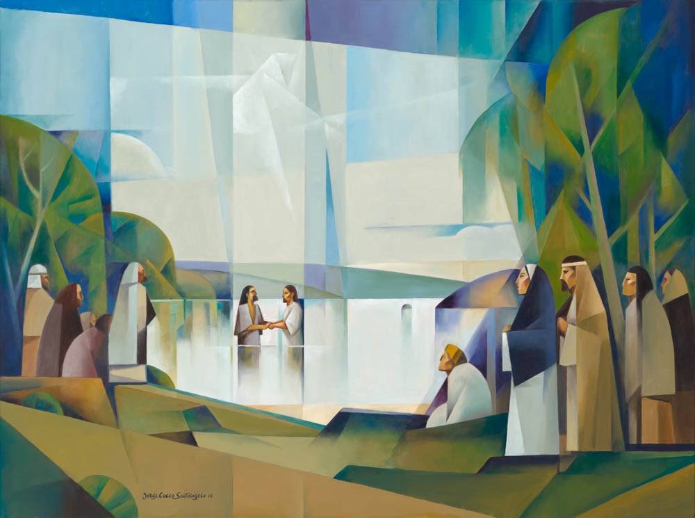 Modern painting of Christ's baptism at the River Jordan. 