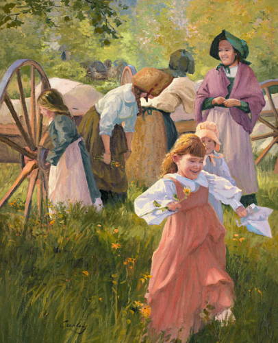 Pioneer family enjoying a sunny day, with children playing.