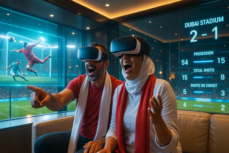 Excited man and woman wearing VR headsets watch a virtual reality soccer match display showing live action and game statistics.