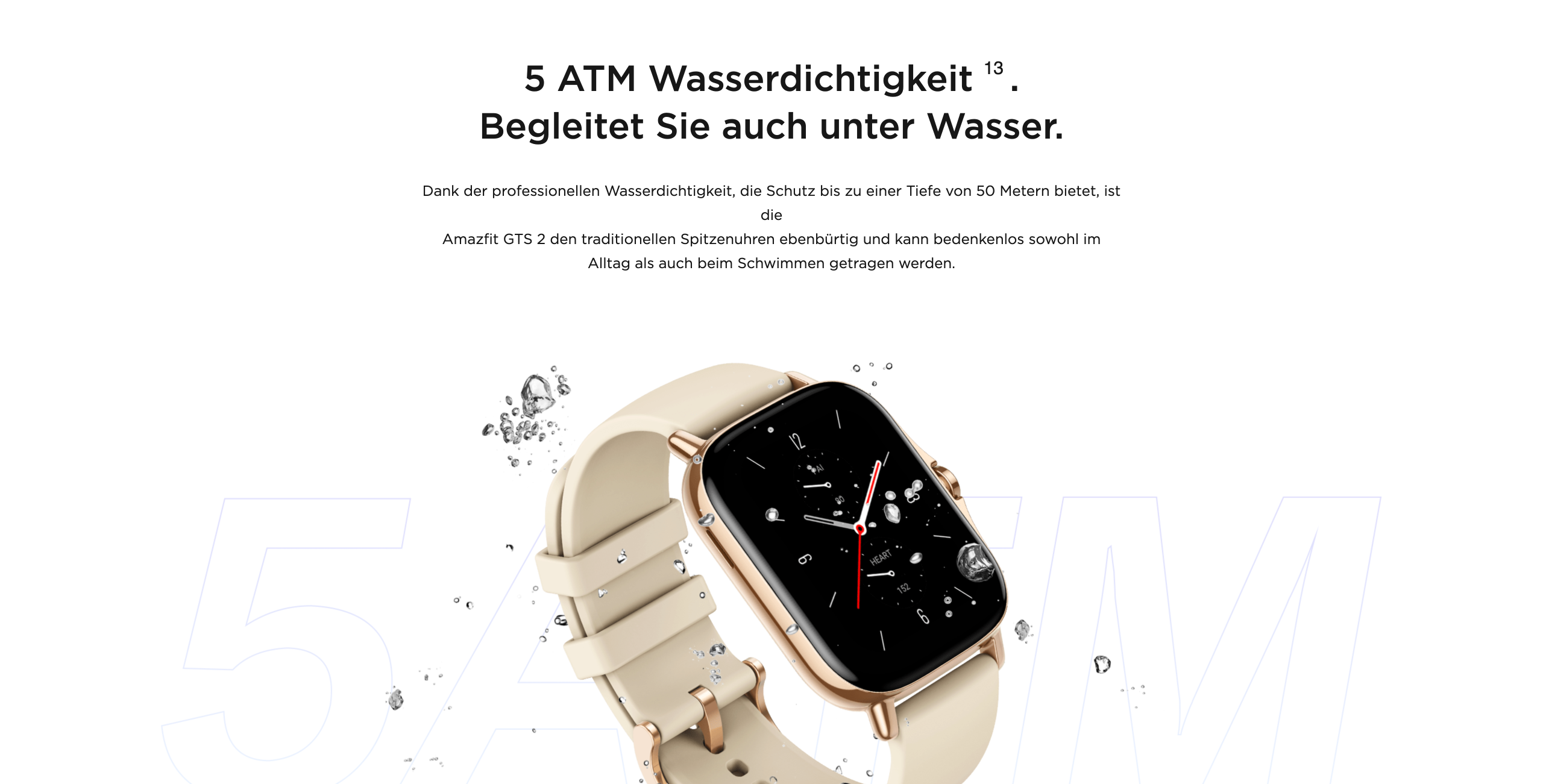 Amazfit GTS 2 - 5 ATM Wasserdichtigkeit. Begleitet Sie auch unter Wasser.