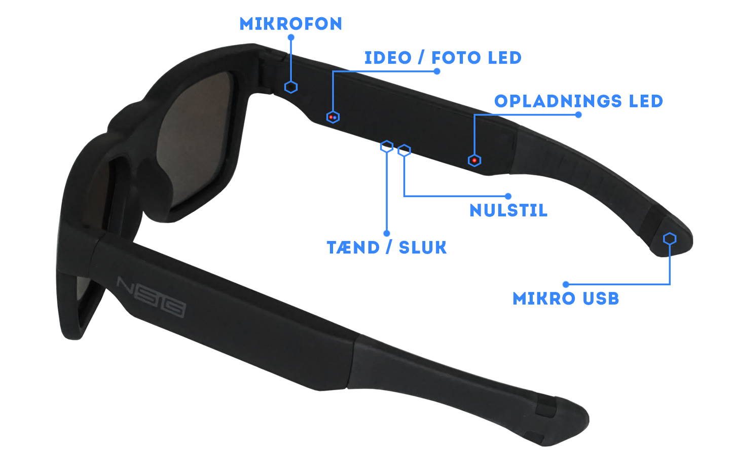 Instruktioner til Saturn kamera solbrille. Tænd/sluk, LED's, Mikrofon, Mikro USB port, Nulstil