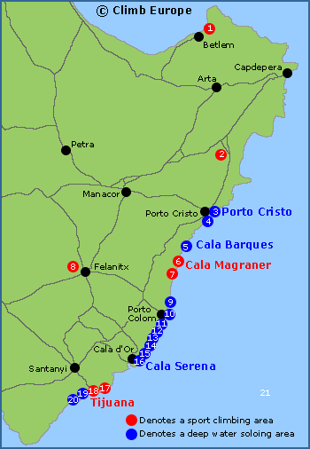 Map of the rock climbing areas in eastern Mallorca