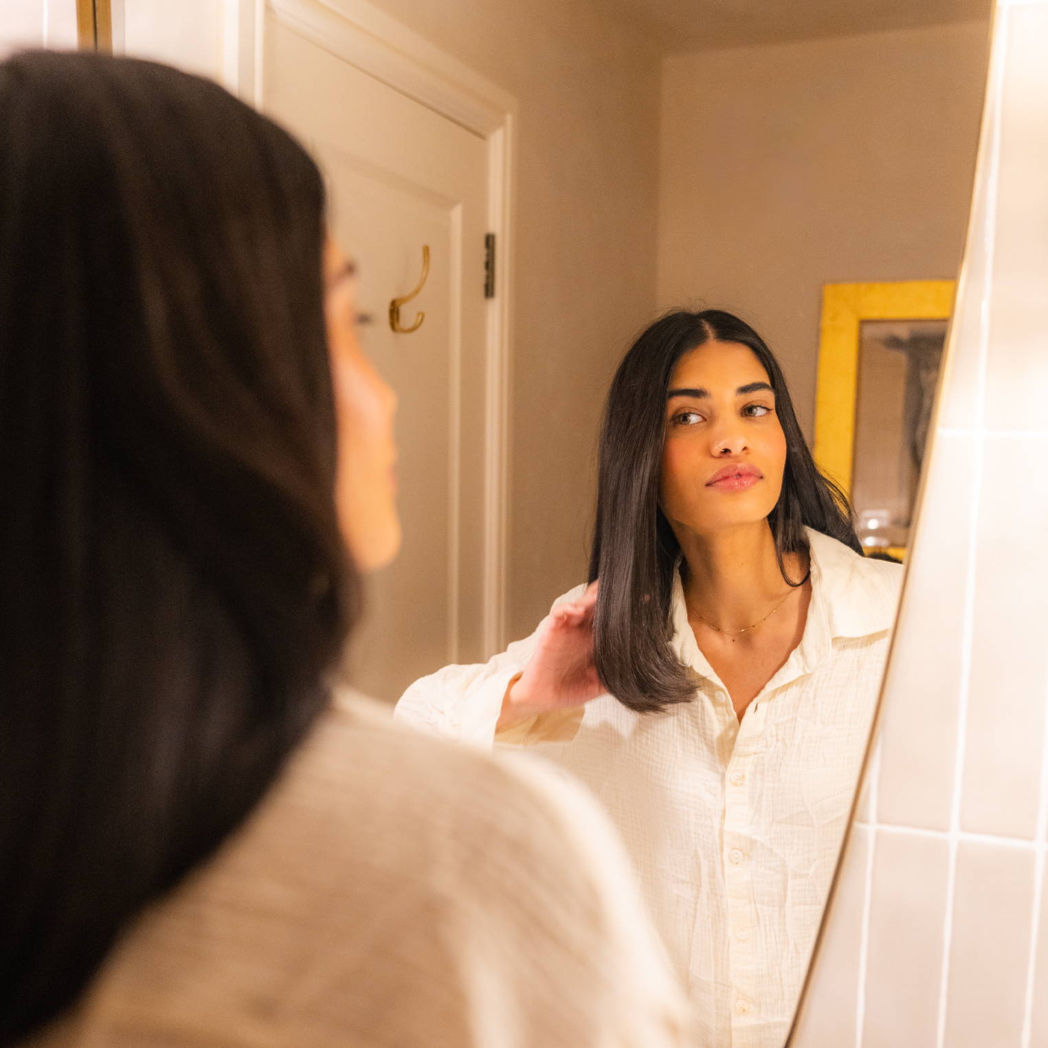 Davines model with silky brunette hair