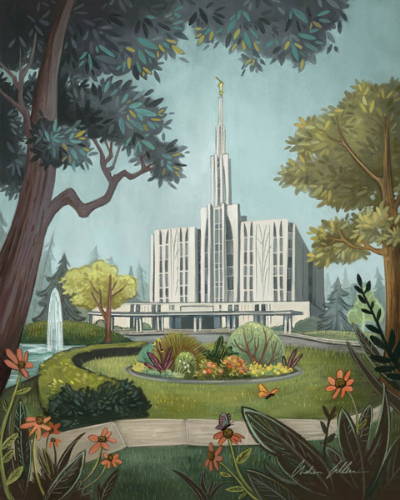 Seattle Temple paintingfeautring the flowerbeds and fountains.