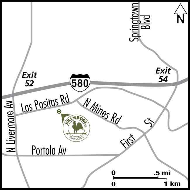 Map depicting the location of the Primrose school of Livermore
