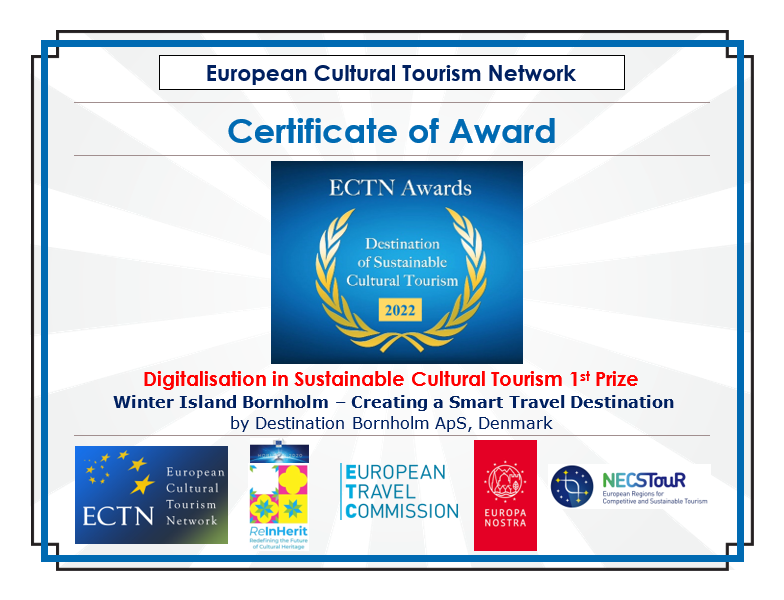 Certificate of ETCN Awards 2022 1st Prize in the category 'Digitalisation in Sustainable Cultural Tourism, towards Smart Destinations', in the framework of ReInHerit Horizon 2020 CSA, by joint jury Europa Nostra and European Travel Commission.