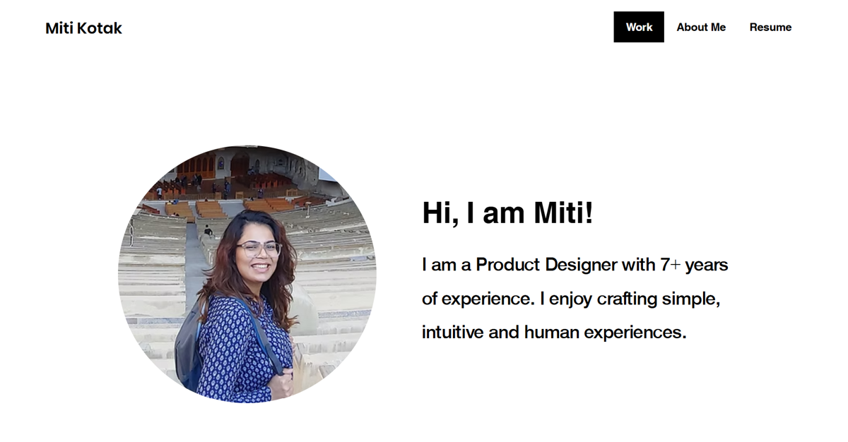 Screenshot of Miti Kotak, from the product designer portfolios collection.