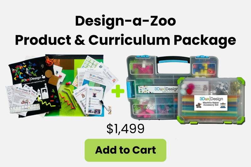 Child building a cardboard zoo model with animals and simple machines for a hands-on life science and engineering Design-a-Zoo project.